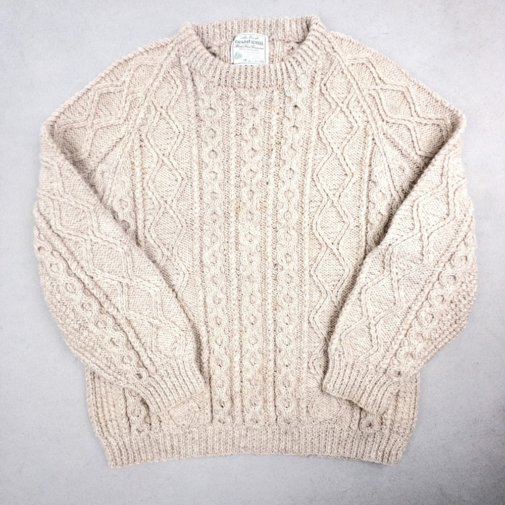 Made in Ireland Vintage An Irish Traditional Hand Knit Wool Cable Aran Sweater L